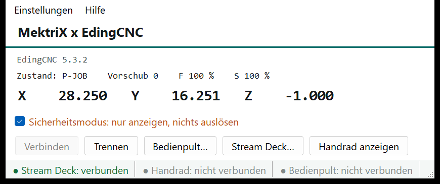Hauptfenster von MektriX x EdingCNC mit Position, Zustand und Statusleiste
